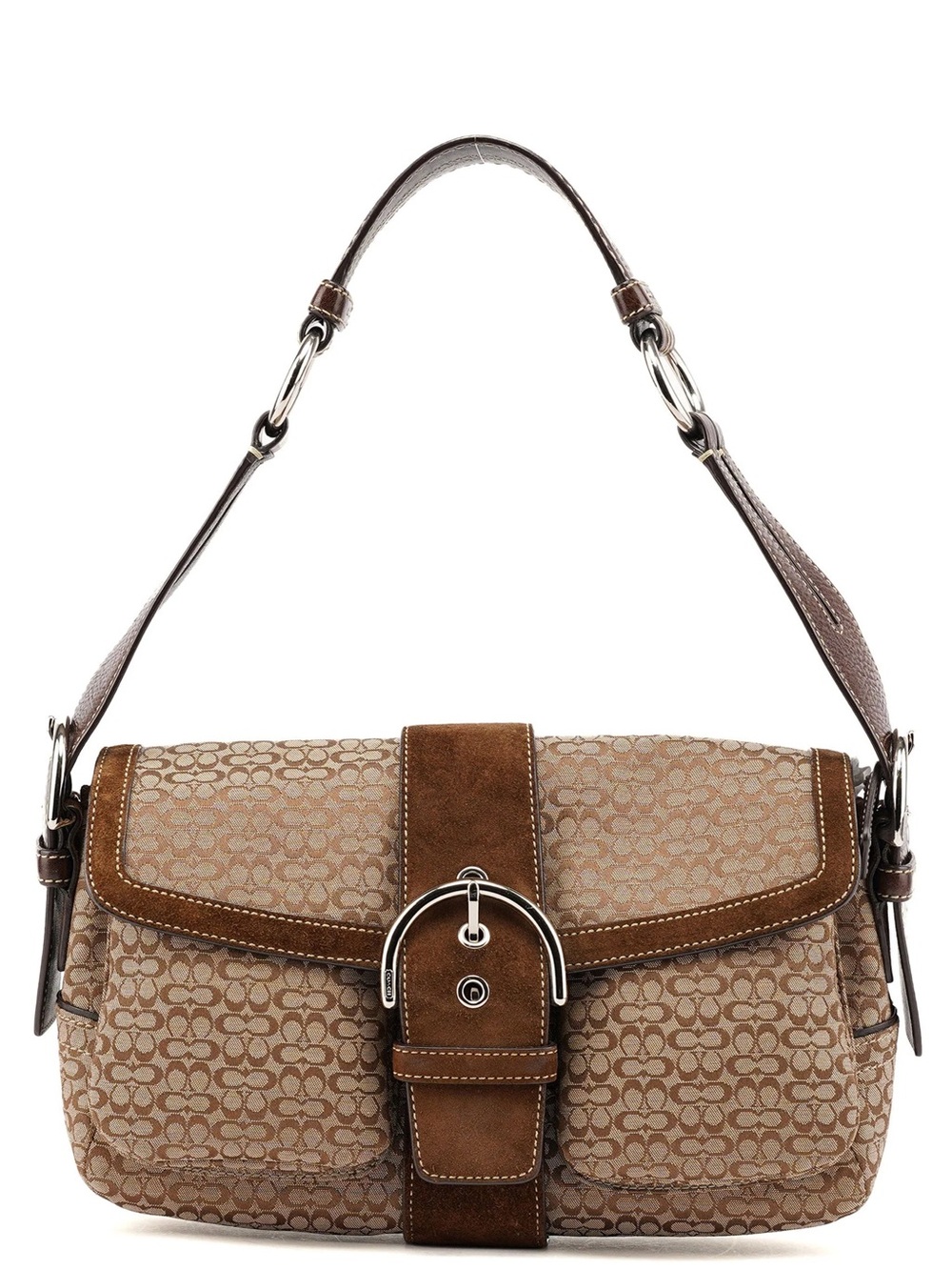Vintage Coach Monogram Canvas With Brown Suede Soho Flap Signature Shoulder Bag